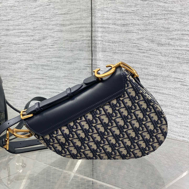 DIOR 25S MINI SOFT SADDLE BAG 19 IN BLUE DIOR OBLIQUE JACQUARD AND SMOOTH CALFSKIN