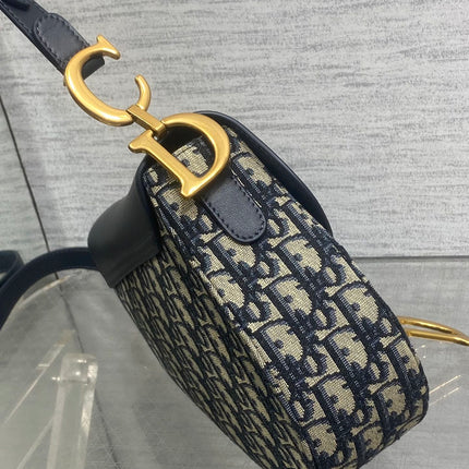 DIOR 25S MINI SOFT SADDLE BAG 19 IN BLUE DIOR OBLIQUE JACQUARD AND SMOOTH CALFSKIN