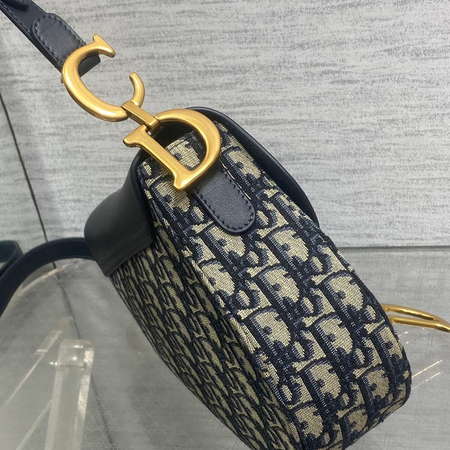 DIOR 25S MINI SOFT SADDLE BAG 19 IN BLUE DIOR OBLIQUE JACQUARD AND SMOOTH CALFSKIN