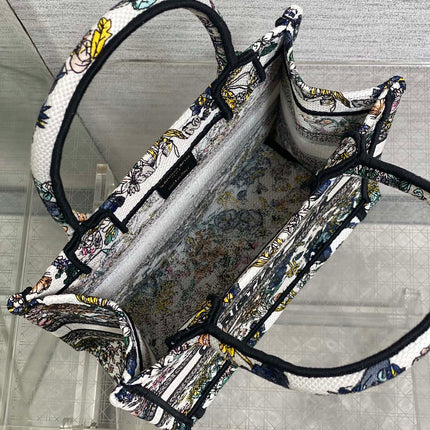 DIOR 25S LUCKY SMALL DIOR BOOK TOTE 26 IN MULTICOLOR DIOR FLOWERS CALENDAR ALLOVER EMBROIDERY