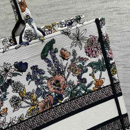 DIOR 25S LUCKY LARGE DIOR BOOK TOTE 42 IN MULTICOLOR DIOR FLOWERS CALENDAR ALLOVER EMBROIDERY