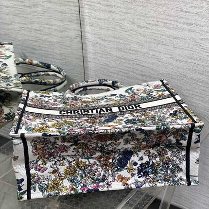 DIOR 25S LUCKY LARGE DIOR BOOK TOTE 42 IN MULTICOLOR DIOR FLOWERS CALENDAR ALLOVER EMBROIDERY