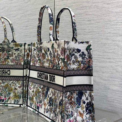 DIOR 25S LUCKY LARGE DIOR BOOK TOTE 42 IN MULTICOLOR DIOR FLOWERS CALENDAR ALLOVER EMBROIDERY
