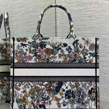 DIOR 25S LUCKY LARGE DIOR BOOK TOTE 42 IN MULTICOLOR DIOR FLOWERS CALENDAR ALLOVER EMBROIDERY