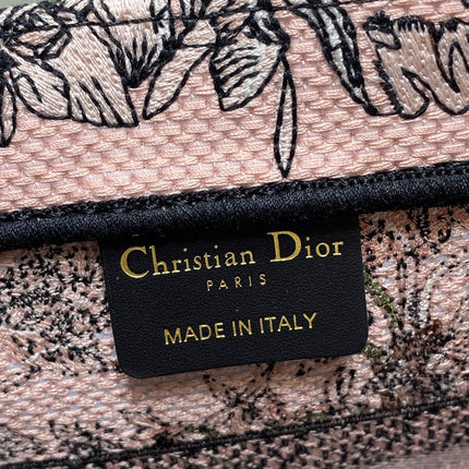 DIOR 25S LUCKY SMALL DIOR BOOK TOTE 26 IN PINK MULTICOLOR DIOR FLOWERS CALENDAR ALLOVER EMBROIDERY