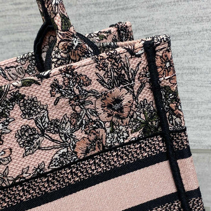 DIOR 25S LUCKY SMALL DIOR BOOK TOTE 26 IN PINK MULTICOLOR DIOR FLOWERS CALENDAR ALLOVER EMBROIDERY