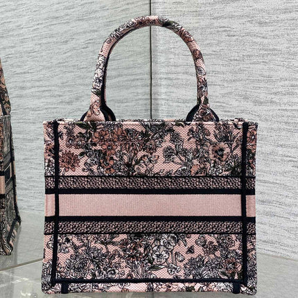 DIOR 25S LUCKY SMALL DIOR BOOK TOTE 26 IN PINK MULTICOLOR DIOR FLOWERS CALENDAR ALLOVER EMBROIDERY