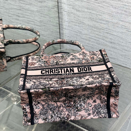 DIOR 25S LUCKY SMALL DIOR BOOK TOTE 26 IN PINK MULTICOLOR DIOR FLOWERS CALENDAR ALLOVER EMBROIDERY