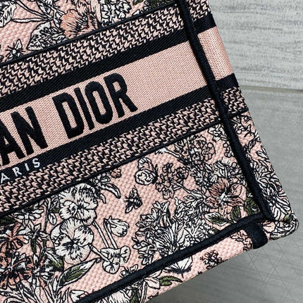 DIOR 25S LUCKY SMALL DIOR BOOK TOTE 26 IN PINK MULTICOLOR DIOR FLOWERS CALENDAR ALLOVER EMBROIDERY