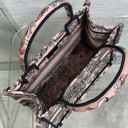 DIOR 25S LUCKY SMALL DIOR BOOK TOTE 26 IN PINK MULTICOLOR DIOR FLOWERS CALENDAR ALLOVER EMBROIDERY