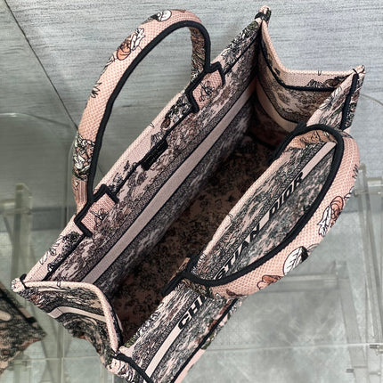 DIOR 25S LUCKY MEDIUM DIOR BOOK TOTE 36 IN PINK MULTICOLOR DIOR FLOWERS CALENDAR ALLOVER EMBROIDERY