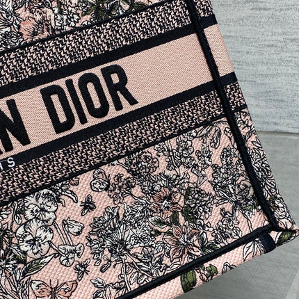 DIOR 25S LUCKY MEDIUM DIOR BOOK TOTE 36 IN PINK MULTICOLOR DIOR FLOWERS CALENDAR ALLOVER EMBROIDERY