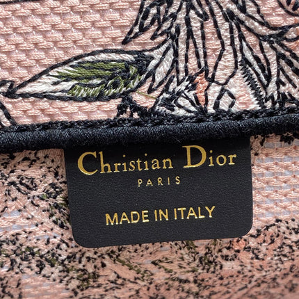 DIOR 25S LUCKY LARGE DIOR BOOK TOTE 42 IN PINK MULTICOLOR DIOR FLOWERS CALENDAR ALLOVER EMBROIDERY