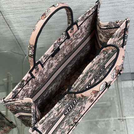 DIOR 25S LUCKY LARGE DIOR BOOK TOTE 42 IN PINK MULTICOLOR DIOR FLOWERS CALENDAR ALLOVER EMBROIDERY