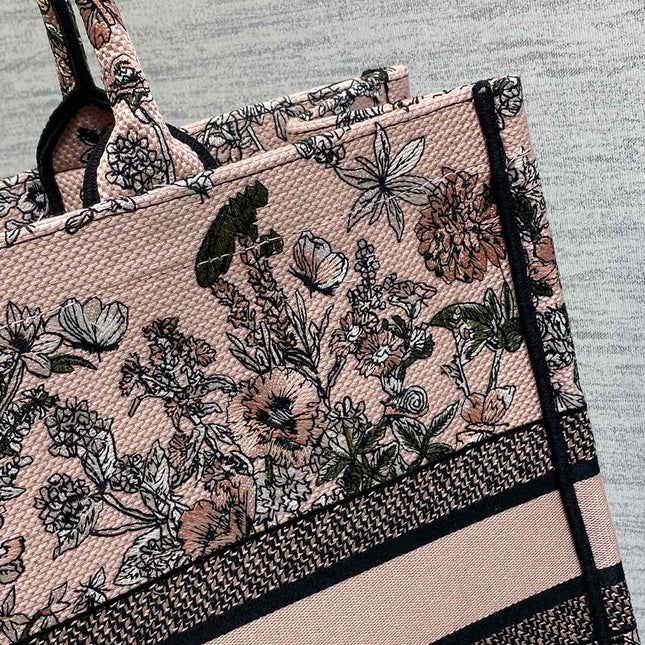 DIOR 25S LUCKY LARGE DIOR BOOK TOTE 42 IN PINK MULTICOLOR DIOR FLOWERS CALENDAR ALLOVER EMBROIDERY