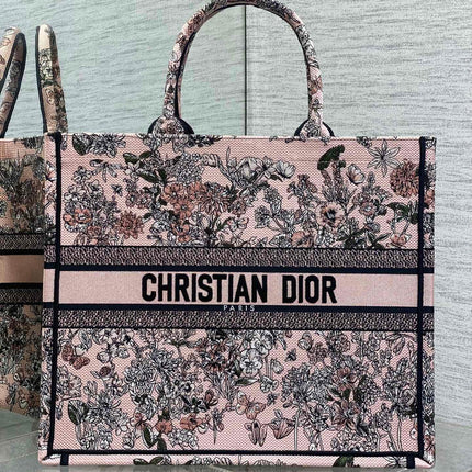 DIOR 25S LUCKY LARGE DIOR BOOK TOTE 42 IN PINK MULTICOLOR DIOR FLOWERS CALENDAR ALLOVER EMBROIDERY