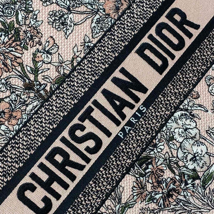 DIOR 25S LUCKY LARGE DIOR BOOK TOTE 42 IN PINK MULTICOLOR DIOR FLOWERS CALENDAR ALLOVER EMBROIDERY
