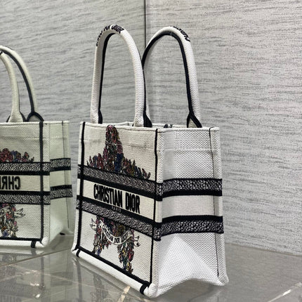 DIOR 25S LUCKY SMALL DIOR BOOK TOTE 26 IN WHITE MULTICOLOR DIOR STAR EMBROIDERY