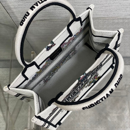 DIOR 25S LUCKY SMALL DIOR BOOK TOTE 26 IN WHITE MULTICOLOR DIOR STAR EMBROIDERY