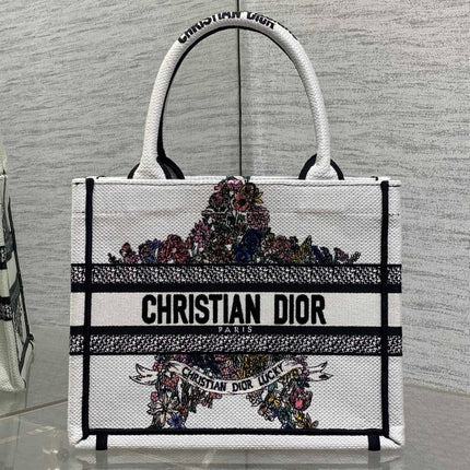 DIOR 25S LUCKY SMALL DIOR BOOK TOTE 26 IN WHITE MULTICOLOR DIOR STAR EMBROIDERY