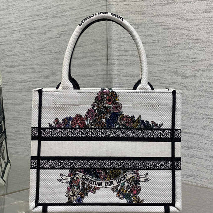 DIOR 25S LUCKY SMALL DIOR BOOK TOTE 26 IN WHITE MULTICOLOR DIOR STAR EMBROIDERY