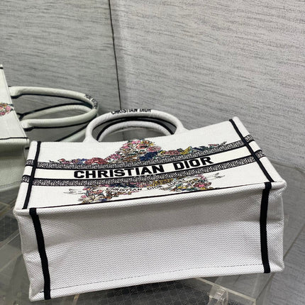 DIOR 25S LUCKY MEDIUM DIOR BOOK TOTE 36 IN WHITE MULTICOLOR DIOR STAR EMBROIDERY