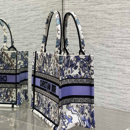 DIOR 25S SMALL BOOK TOTE 26 IN WHITE AND PURPLE DIOR NIGHT OF DREAMS EMBROIDERY