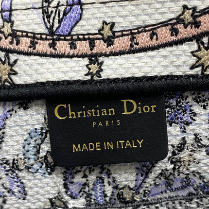 DIOR 25S SMALL BOOK TOTE 26 IN WHITE AND PURPLE DIOR NIGHT OF DREAMS EMBROIDERY