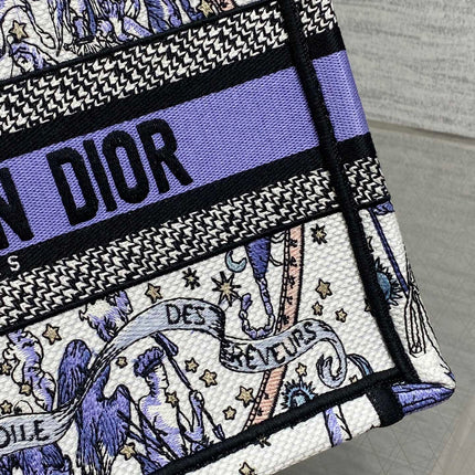 DIOR 25S SMALL BOOK TOTE 26 IN WHITE AND PURPLE DIOR NIGHT OF DREAMS EMBROIDERY