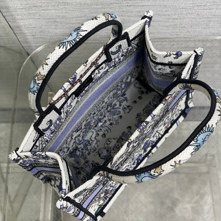 DIOR 25S SMALL BOOK TOTE 26 IN WHITE AND PURPLE DIOR NIGHT OF DREAMS EMBROIDERY