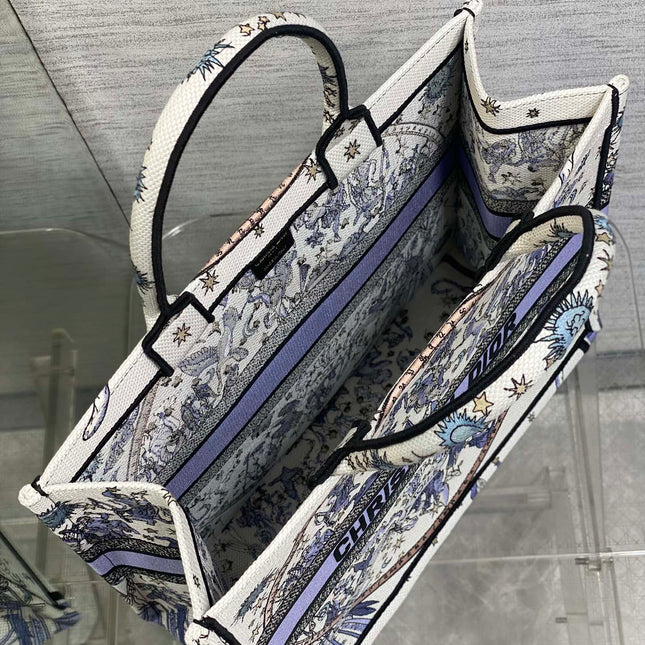 DIOR 25S LARGE BOOK TOTE 42 IN WHITE AND PURPLE DIOR NIGHT OF DREAMS EMBROIDERY