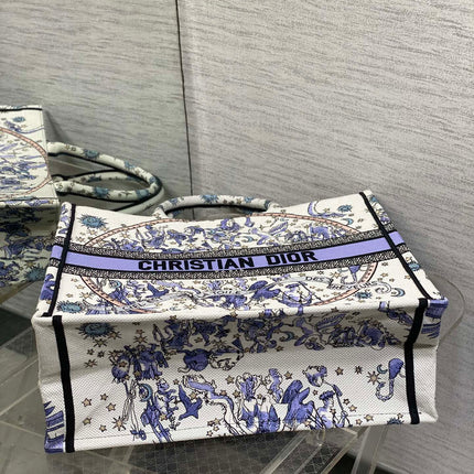 DIOR 25S LARGE BOOK TOTE 42 IN WHITE AND PURPLE DIOR NIGHT OF DREAMS EMBROIDERY