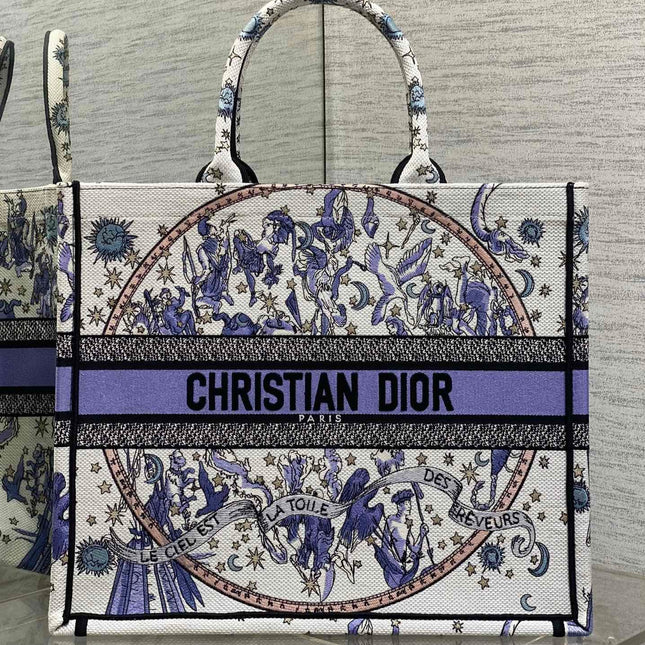 DIOR 25S LARGE BOOK TOTE 42 IN WHITE AND PURPLE DIOR NIGHT OF DREAMS EMBROIDERY