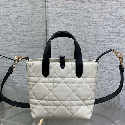 DIOR 25S TOUJOURS VERTICAL NANO TOTE BAG 18 IN IVORY BLACK MACROCANNAGE CALFSKIN