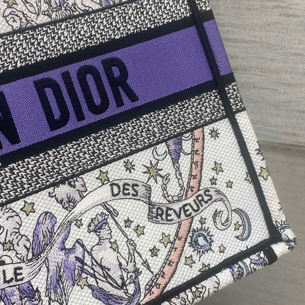 DIOR 25S LUCKY MEDIUM BOOK TOTE 36 IN WHITE AND PURPLE DIOR NIGHT OF DREAMS EMBROIDERY