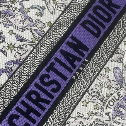 DIOR 25S LUCKY MEDIUM BOOK TOTE 36 IN WHITE AND PURPLE DIOR NIGHT OF DREAMS EMBROIDERY