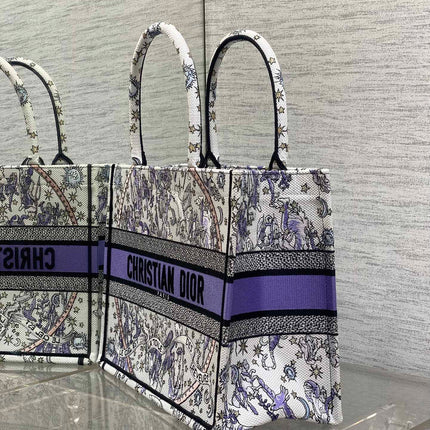 DIOR 25S LUCKY MEDIUM BOOK TOTE 36 IN WHITE AND PURPLE DIOR NIGHT OF DREAMS EMBROIDERY
