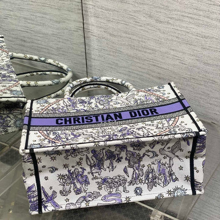 DIOR 25S LUCKY MEDIUM BOOK TOTE 36 IN WHITE AND PURPLE DIOR NIGHT OF DREAMS EMBROIDERY