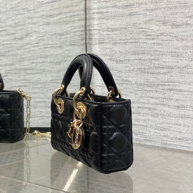 DIOR 25S MICRO LADY D-JOY 19 IN BLACK CALFSKIN GOLD HARDWARE