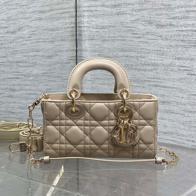 DIOR 25S MICRO LADY D-JOY 19 IN POWDER BEIGE CALFSKIN GOLD HARDWARE