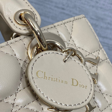 DIOR 25S MICRO LADY D-JOY 19 IN POWDER BEIGE CALFSKIN GOLD HARDWARE