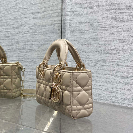 DIOR 25S MICRO LADY D-JOY 19 IN POWDER BEIGE CALFSKIN GOLD HARDWARE
