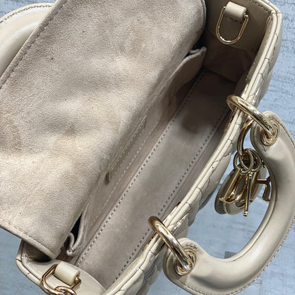 DIOR 25S MICRO LADY D-JOY 19 IN POWDER BEIGE CALFSKIN GOLD HARDWARE