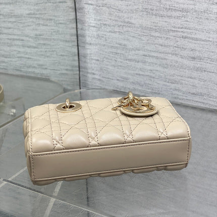 DIOR 25S MICRO LADY D-JOY 19 IN POWDER BEIGE CALFSKIN GOLD HARDWARE
