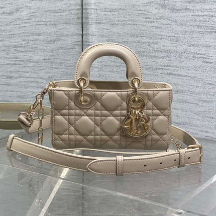 DIOR 25S MICRO LADY D-JOY 19 IN POWDER BEIGE CALFSKIN GOLD HARDWARE