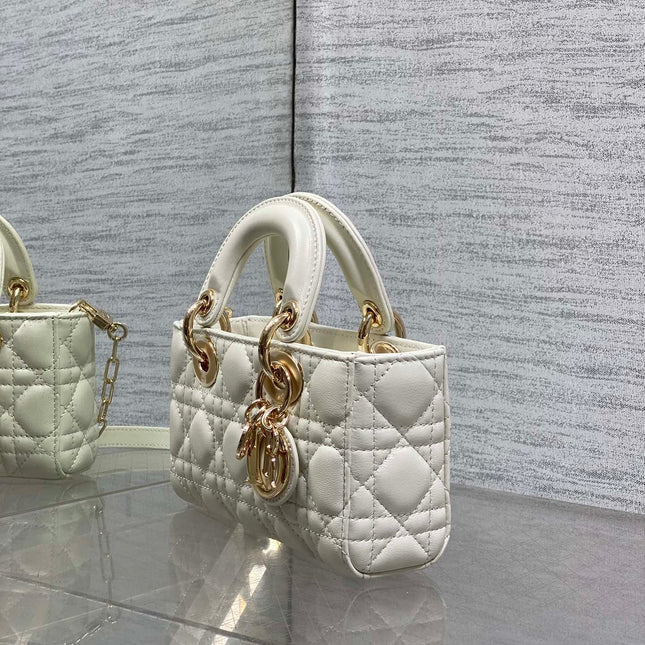 DIOR 25S MICRO LADY D-JOY 19 IN IVORY CALFSKIN GOLD HARDWARE