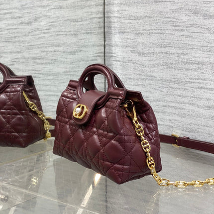 DIOR 25S JOLIE TOP HANDLE MINI BAG 18 IN BURGUNDY CALFSKIN GOLD HARDWARE