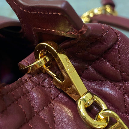 DIOR 25S JOLIE TOP HANDLE MINI BAG 18 IN BURGUNDY CALFSKIN GOLD HARDWARE