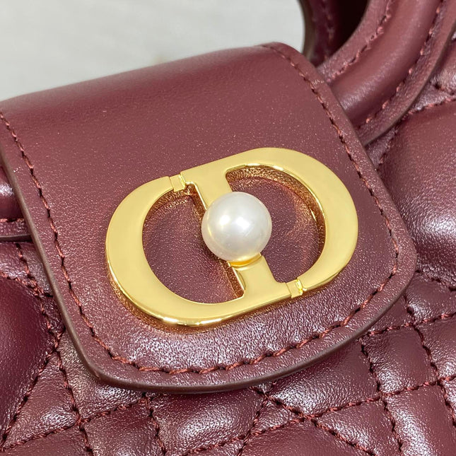 DIOR 25S JOLIE TOP HANDLE MINI BAG 18 IN BURGUNDY CALFSKIN GOLD HARDWARE