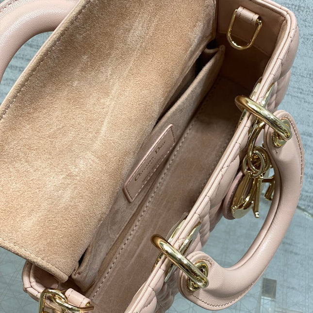 DIOR 25S MICRO LADY D-JOY 19 IN BABY PINK CALFSKIN GOLD HARDWARE